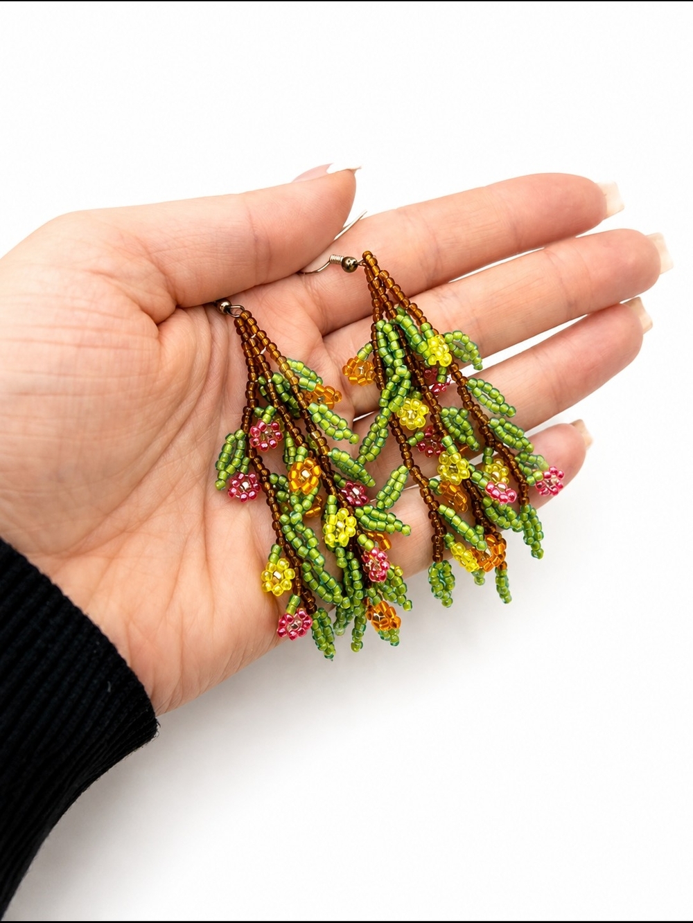 Handmade Green Beaded Floral Drop Earrings